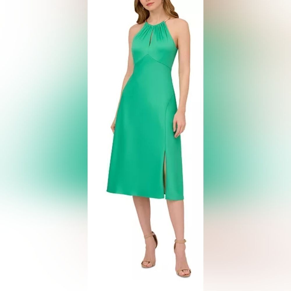 Adrianna Papell Pebble Satin Halter Midi Dress NWT Size 14 Green